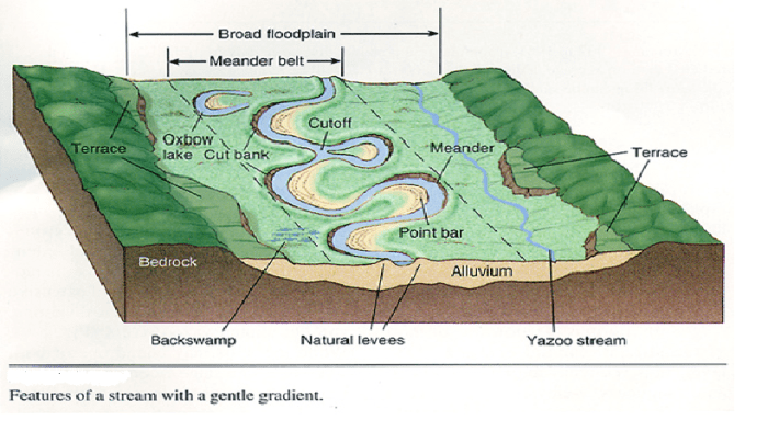 Label all the features of this fluvial landscape.